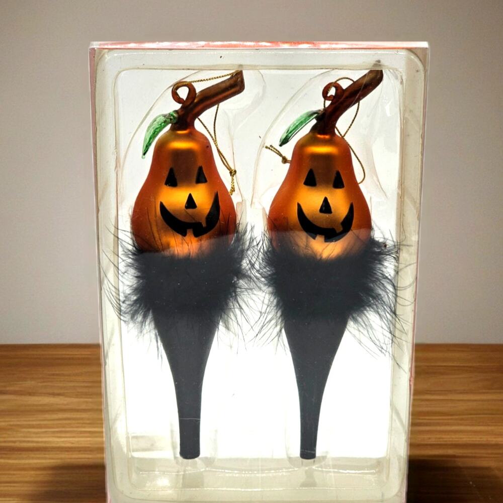 Halloween Glass Jack‑o‑Lantern Ornaments Black Feather Accents Pumpkin Decor